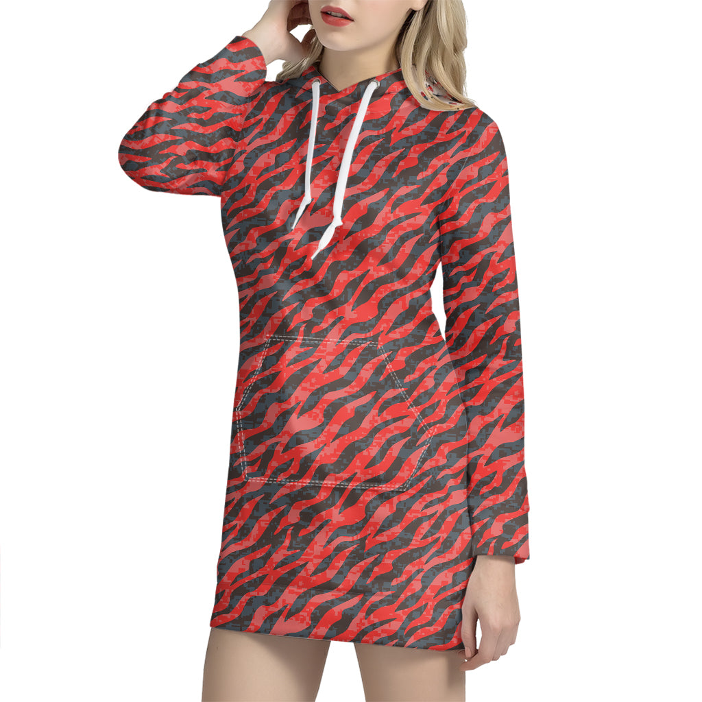 Black And Red Tiger Stripe Camo Print Hoodie Dress