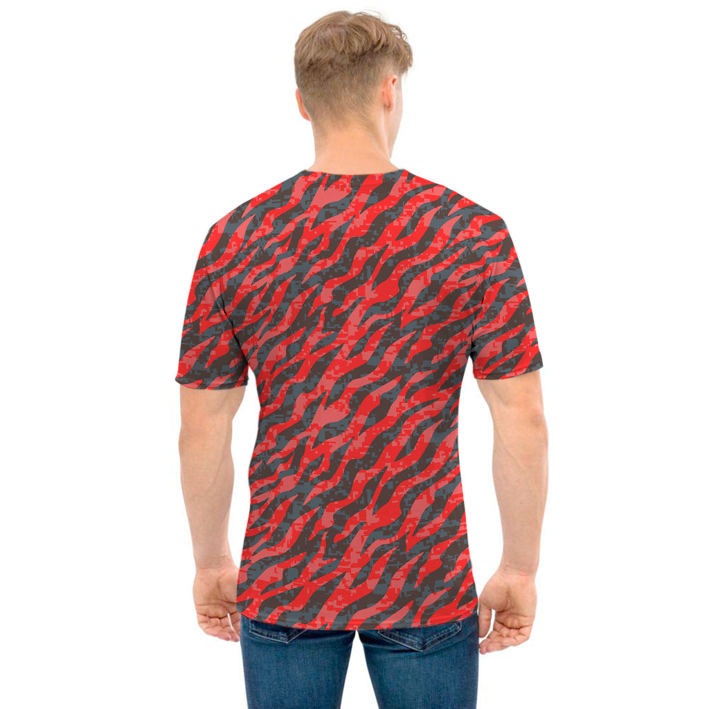 Black And Red Tiger Stripe Camo Print Men's T-Shirt