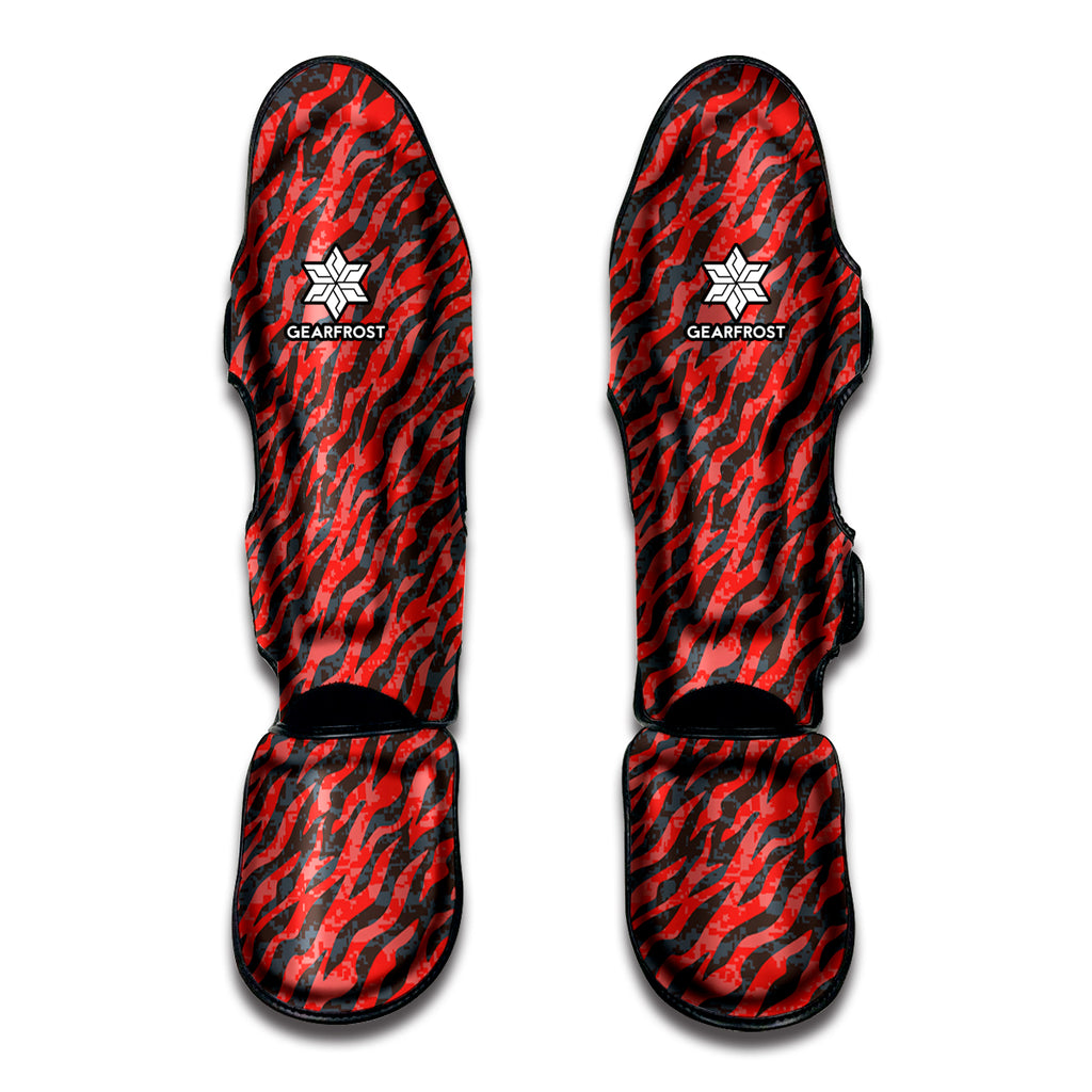 Black And Red Tiger Stripe Camo Print Muay Thai Shin Guard