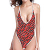 Black And Red Tiger Stripe Camo Print One Piece High Cut Swimsuit
