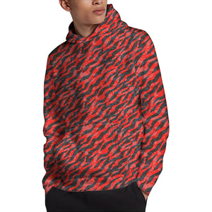 Black And Red Tiger Stripe Camo Print Pullover Hoodie