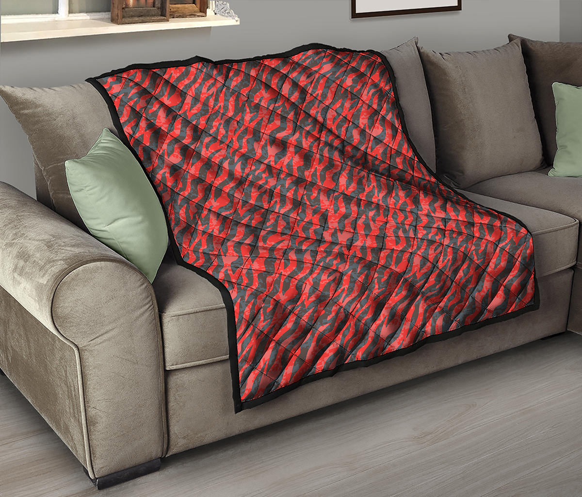 Black And Red Tiger Stripe Camo Print Quilt
