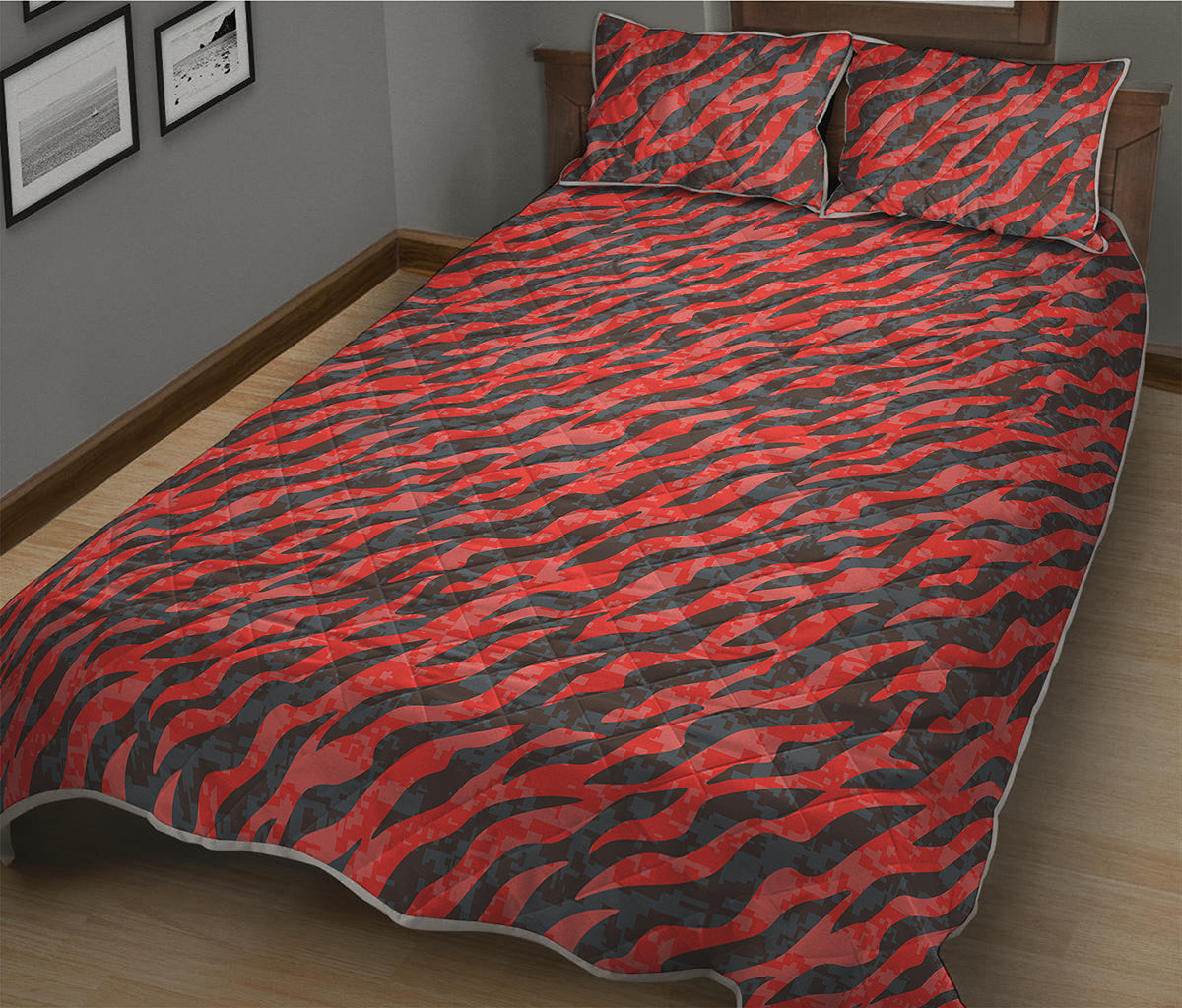 Black And Red Tiger Stripe Camo Print Quilt Bed Set