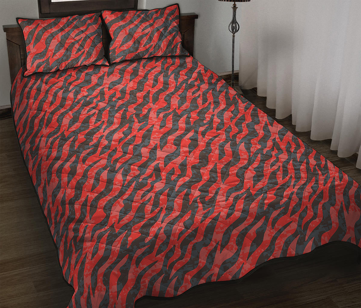 Black And Red Tiger Stripe Camo Print Quilt Bed Set