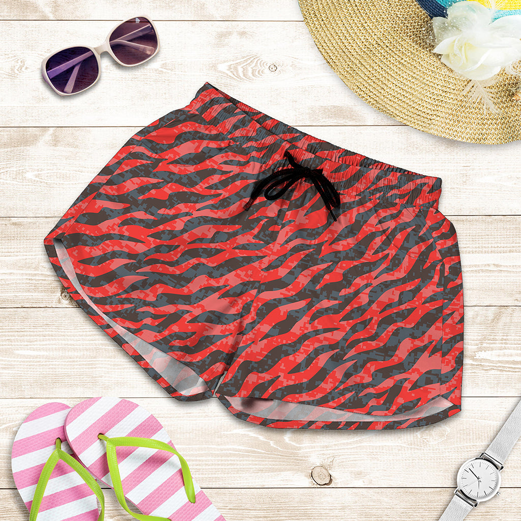 Black And Red Tiger Stripe Camo Print Women's Shorts