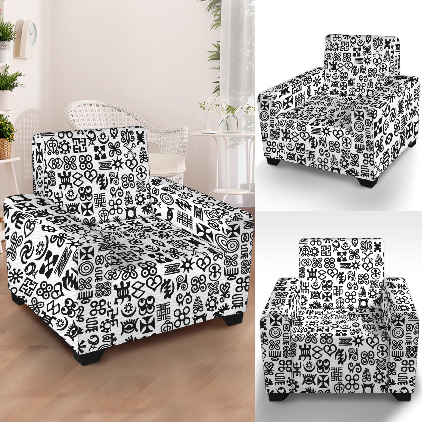 Black And White Adinkra Tribe Symbols Armchair Slipcover