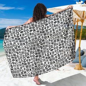 Black And White Adinkra Tribe Symbols Beach Sarong Wrap