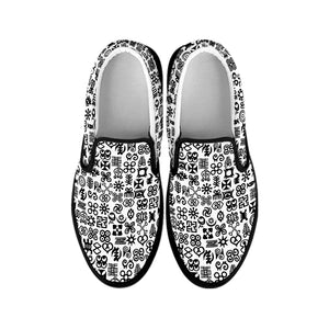 Black And White Adinkra Tribe Symbols Black Slip On Shoes