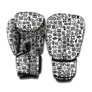 Black And White Adinkra Tribe Symbols Boxing Gloves