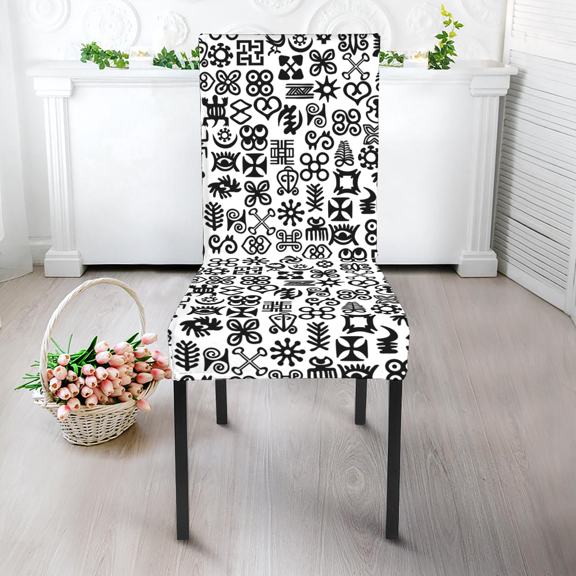 Black And White Adinkra Tribe Symbols Dining Chair Slipcover