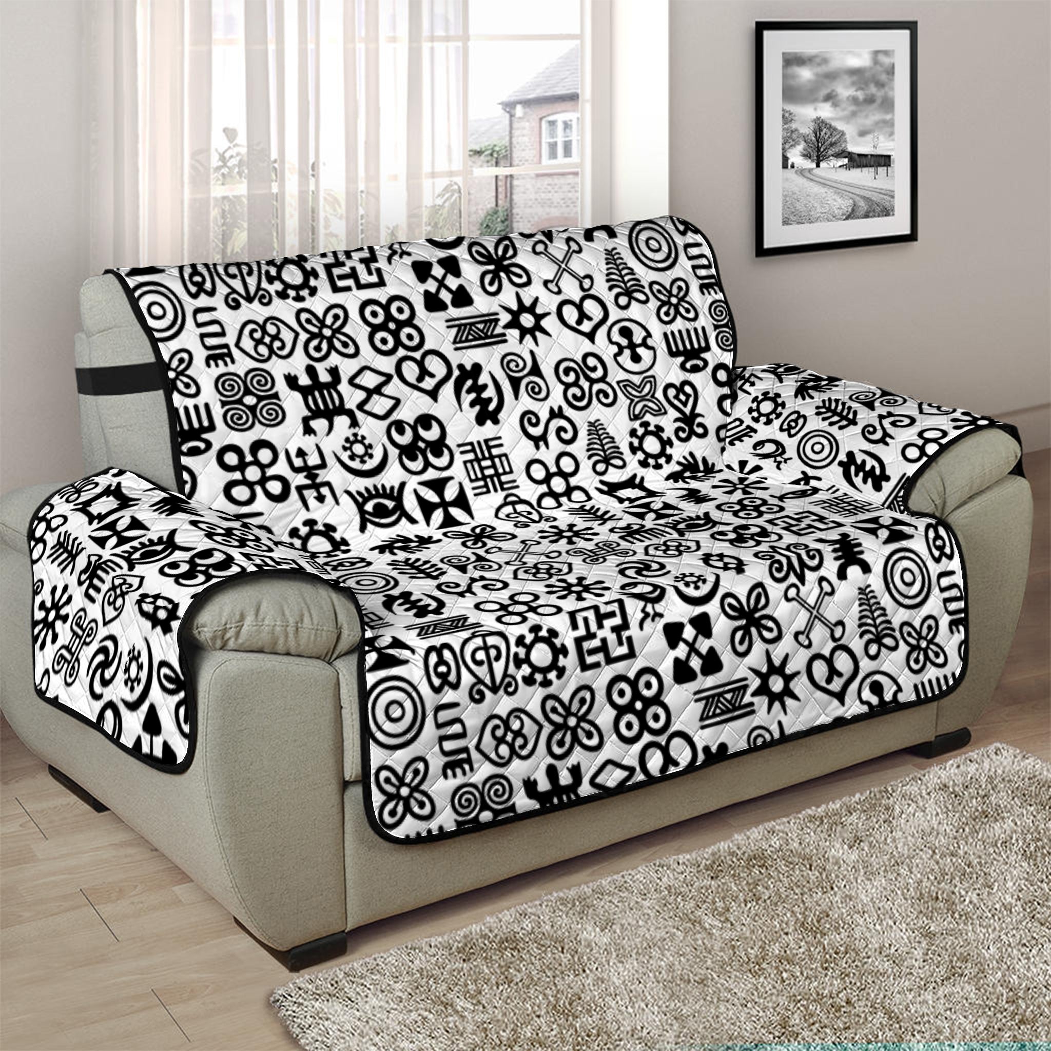 Black And White Adinkra Tribe Symbols Half Sofa Protector