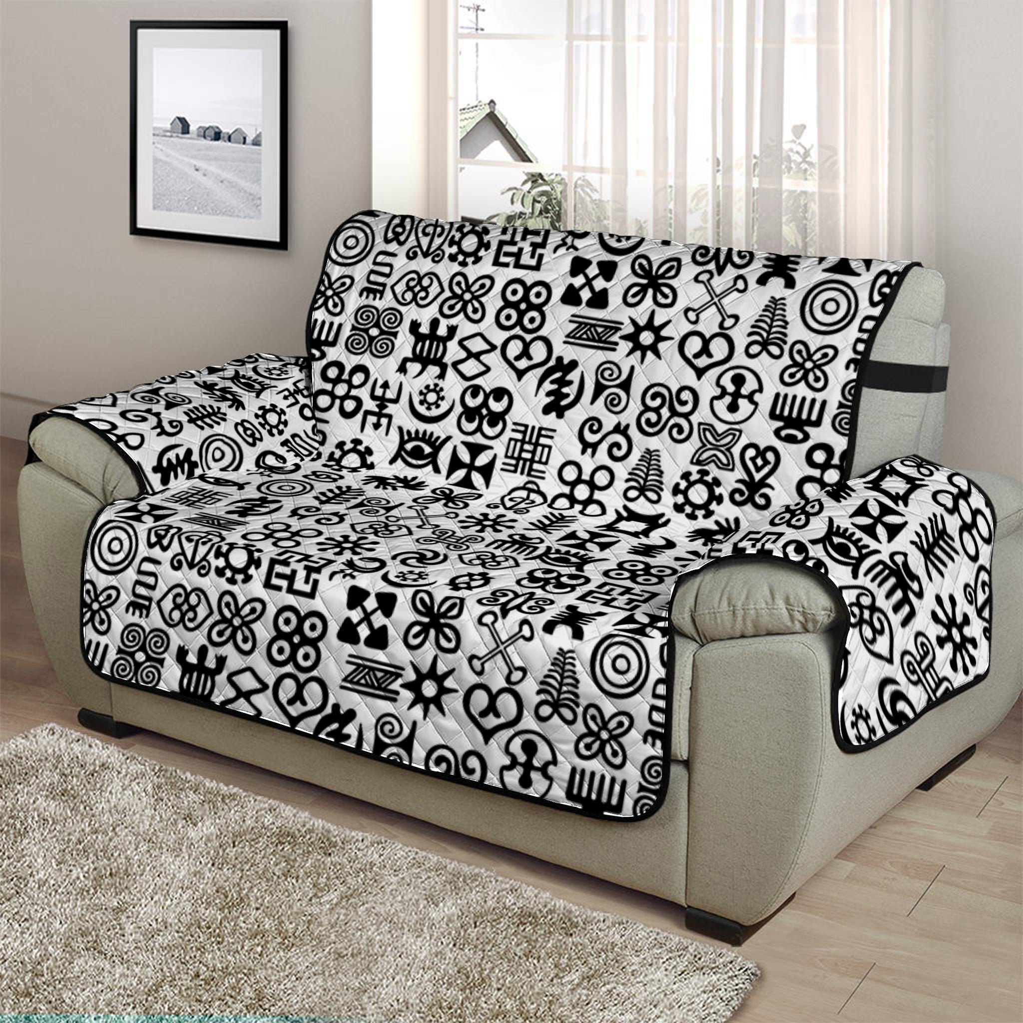 Black And White Adinkra Tribe Symbols Half Sofa Protector