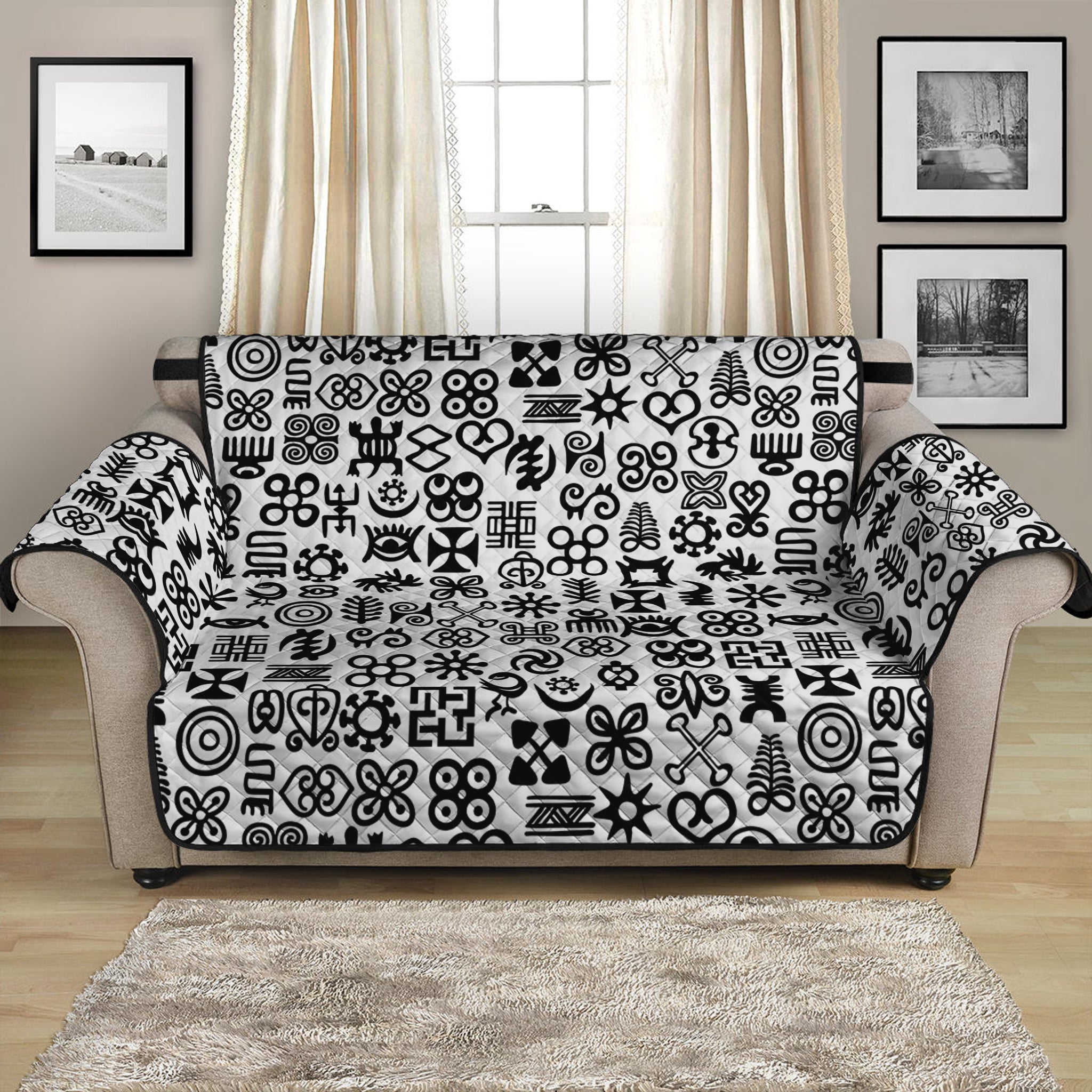 Black And White Adinkra Tribe Symbols Loveseat Protector