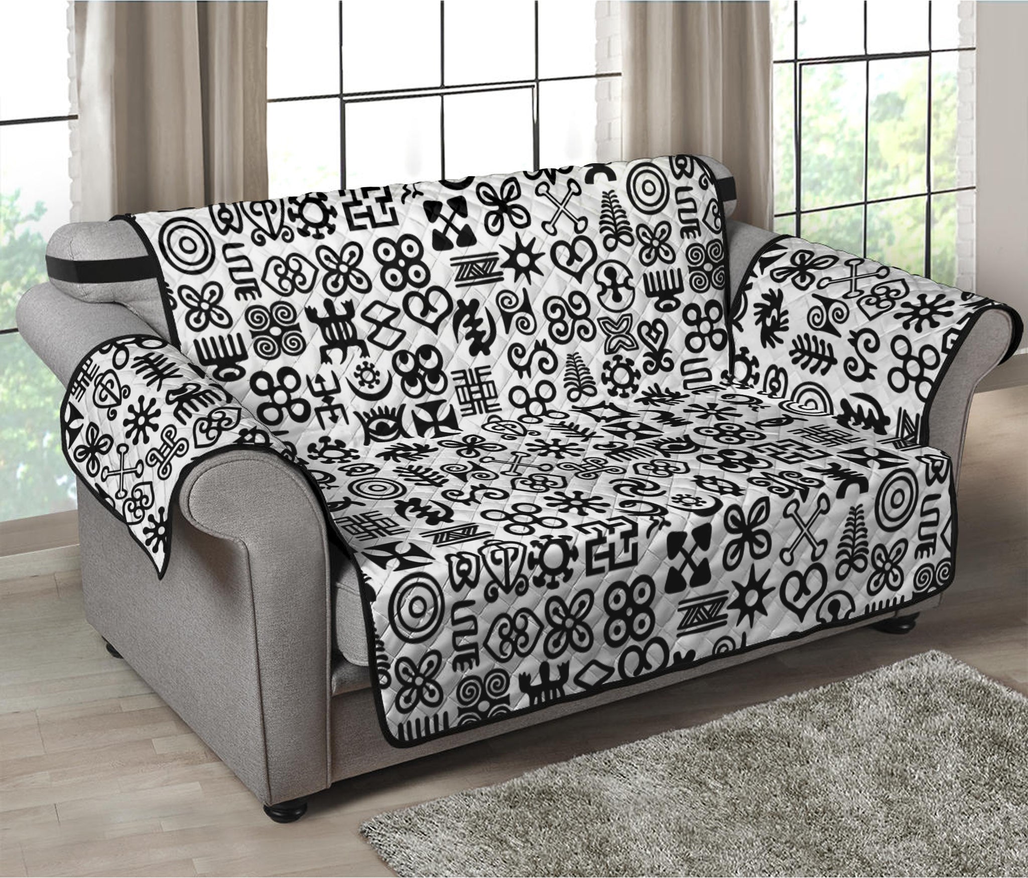 Black And White Adinkra Tribe Symbols Loveseat Protector