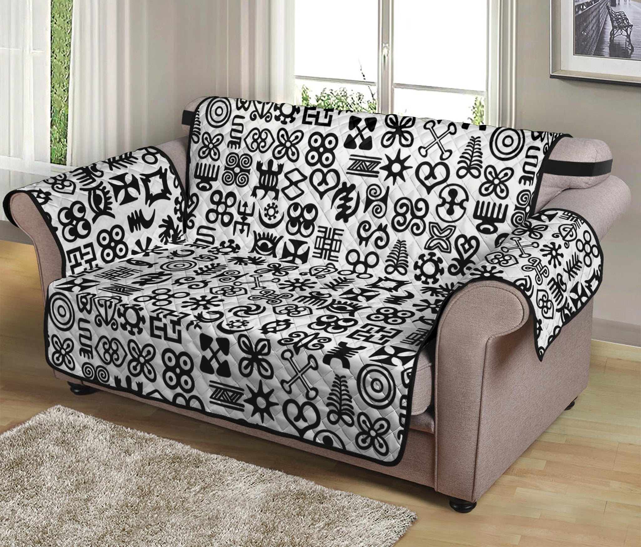 Black And White Adinkra Tribe Symbols Loveseat Protector