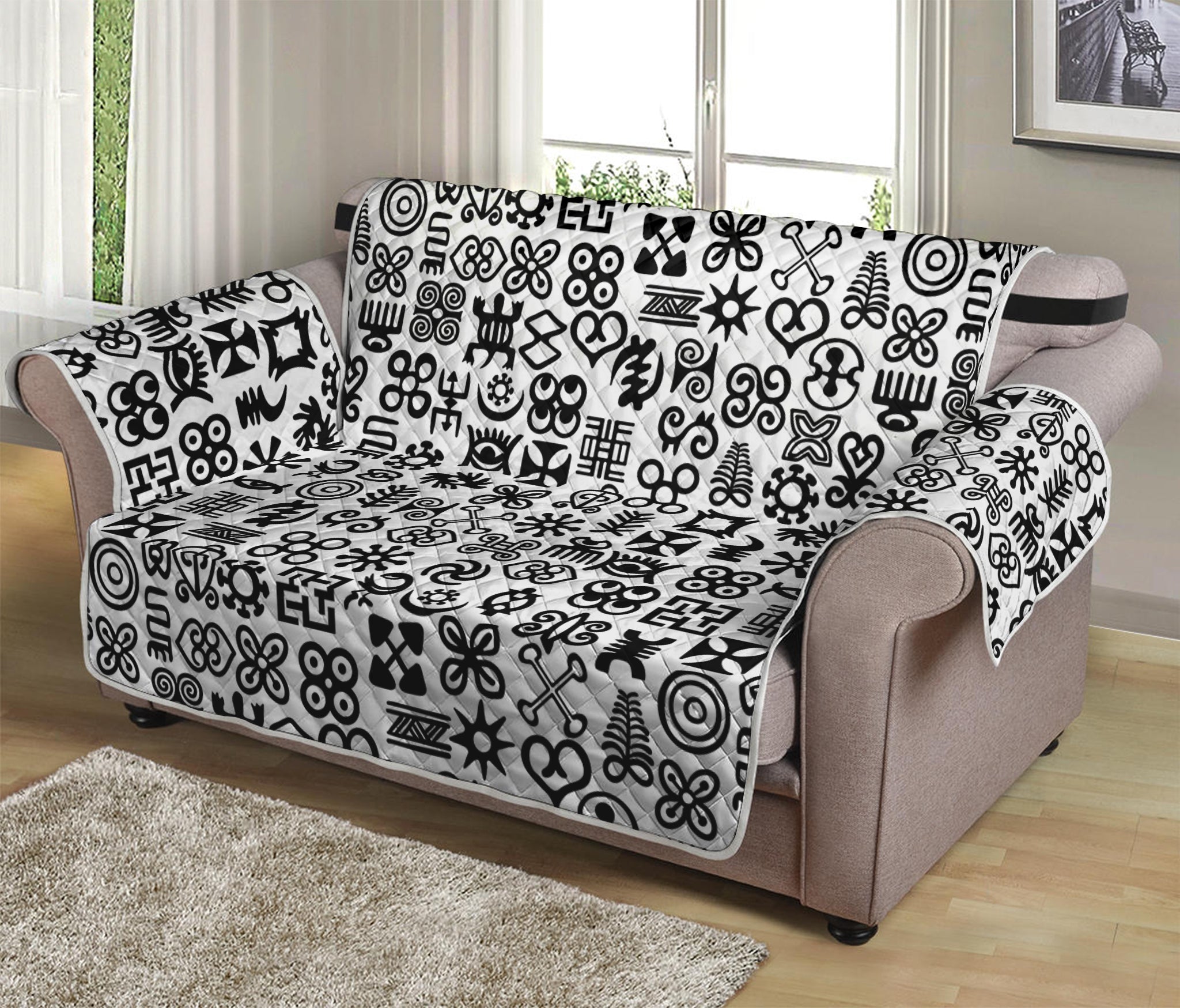 Black And White Adinkra Tribe Symbols Loveseat Protector