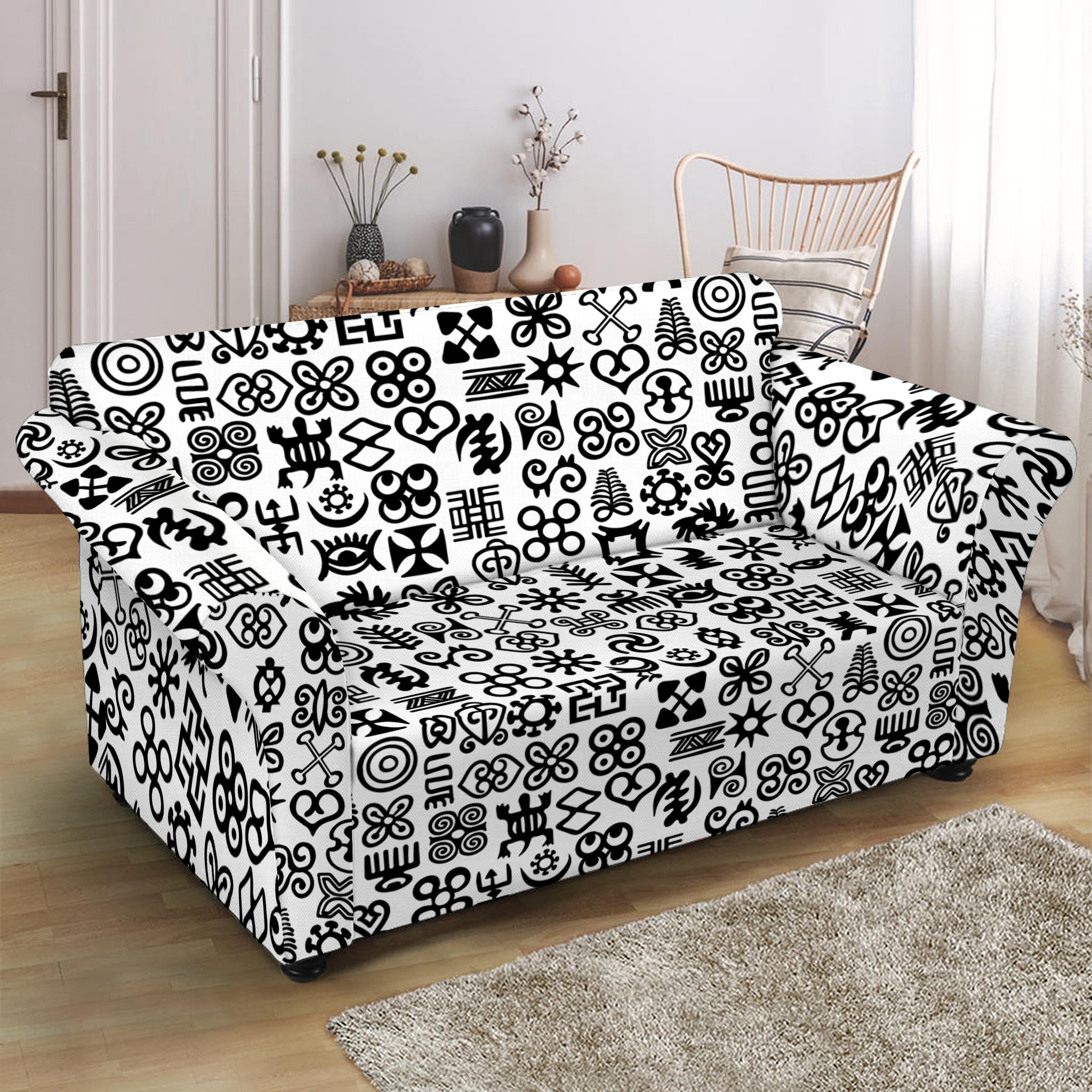 Black And White Adinkra Tribe Symbols Loveseat Slipcover