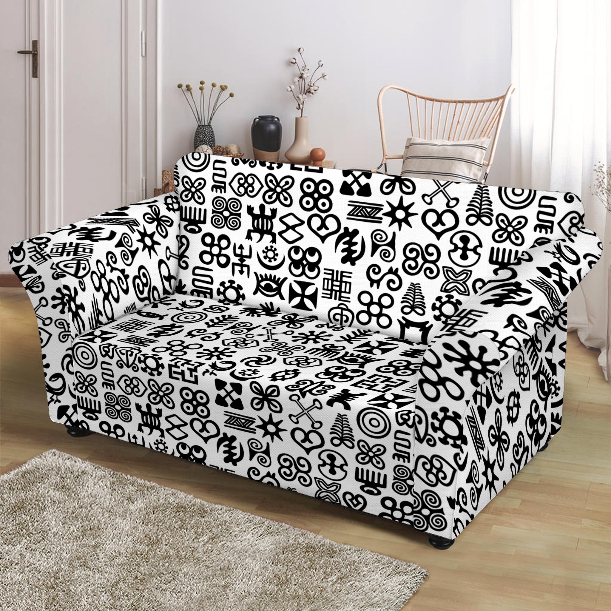 Black And White Adinkra Tribe Symbols Loveseat Slipcover