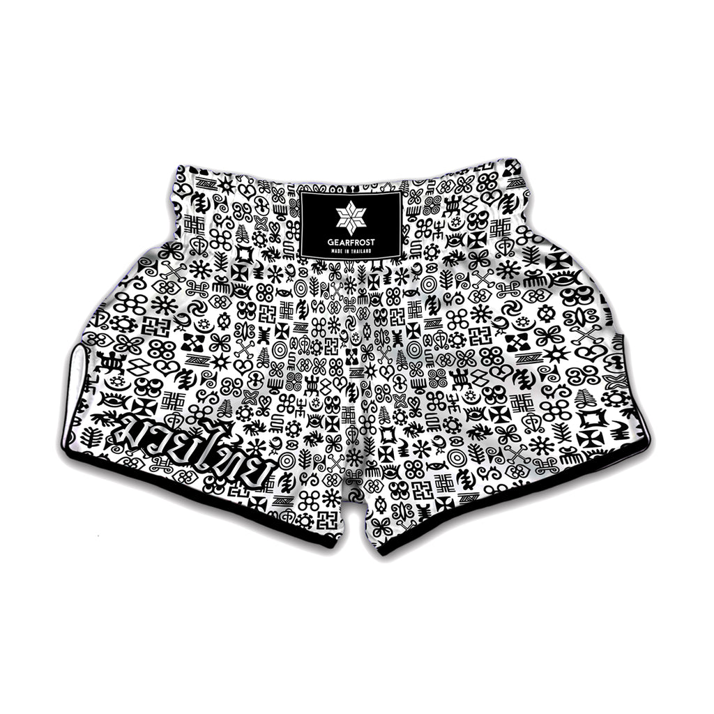 Black And White Adinkra Tribe Symbols Muay Thai Boxing Shorts