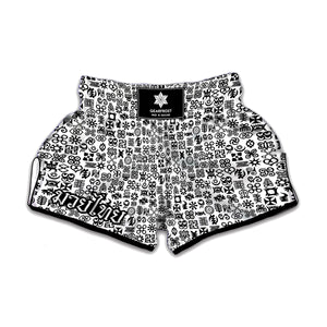 Black And White Adinkra Tribe Symbols Muay Thai Boxing Shorts