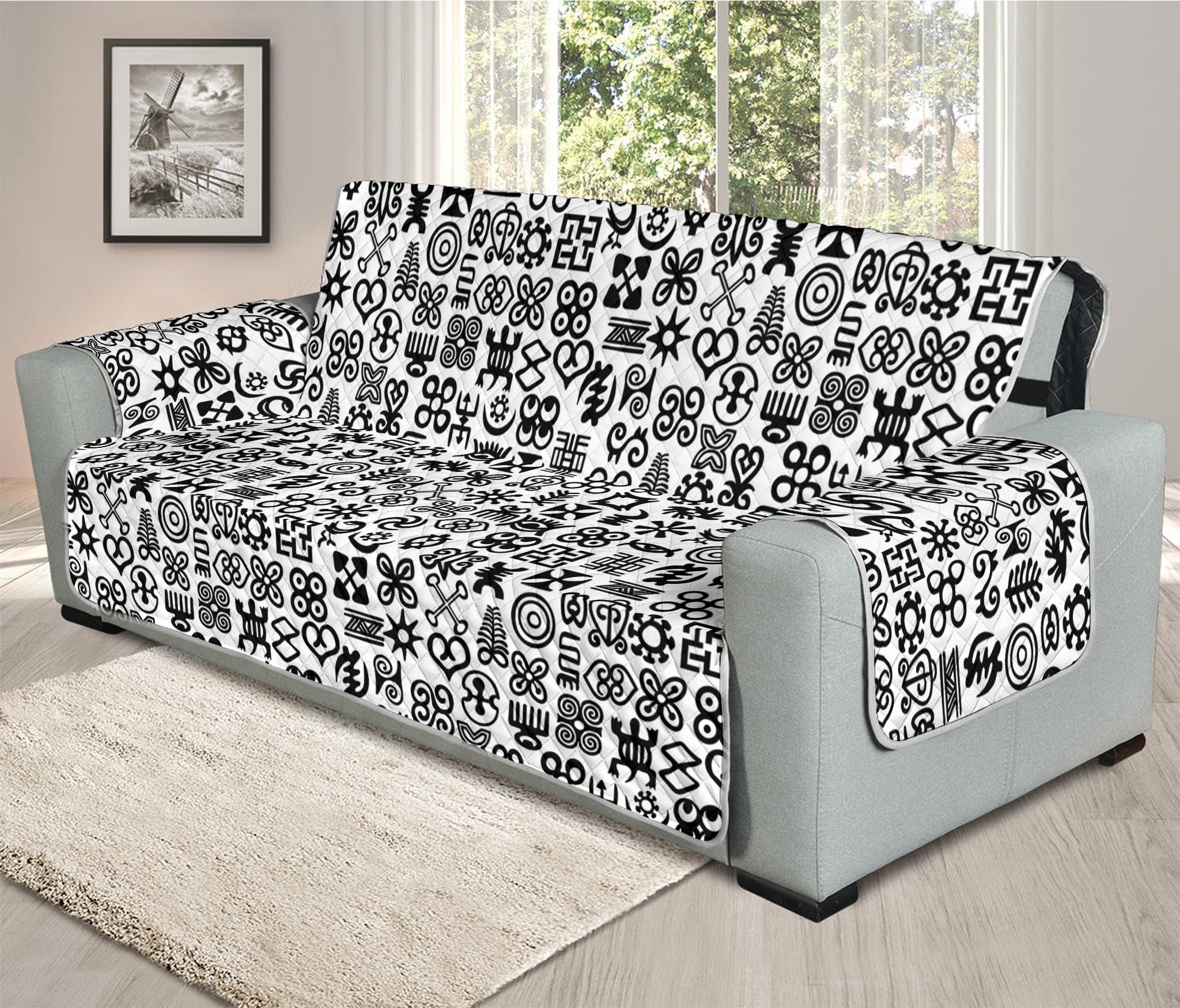 Black And White Adinkra Tribe Symbols Oversized Sofa Protector