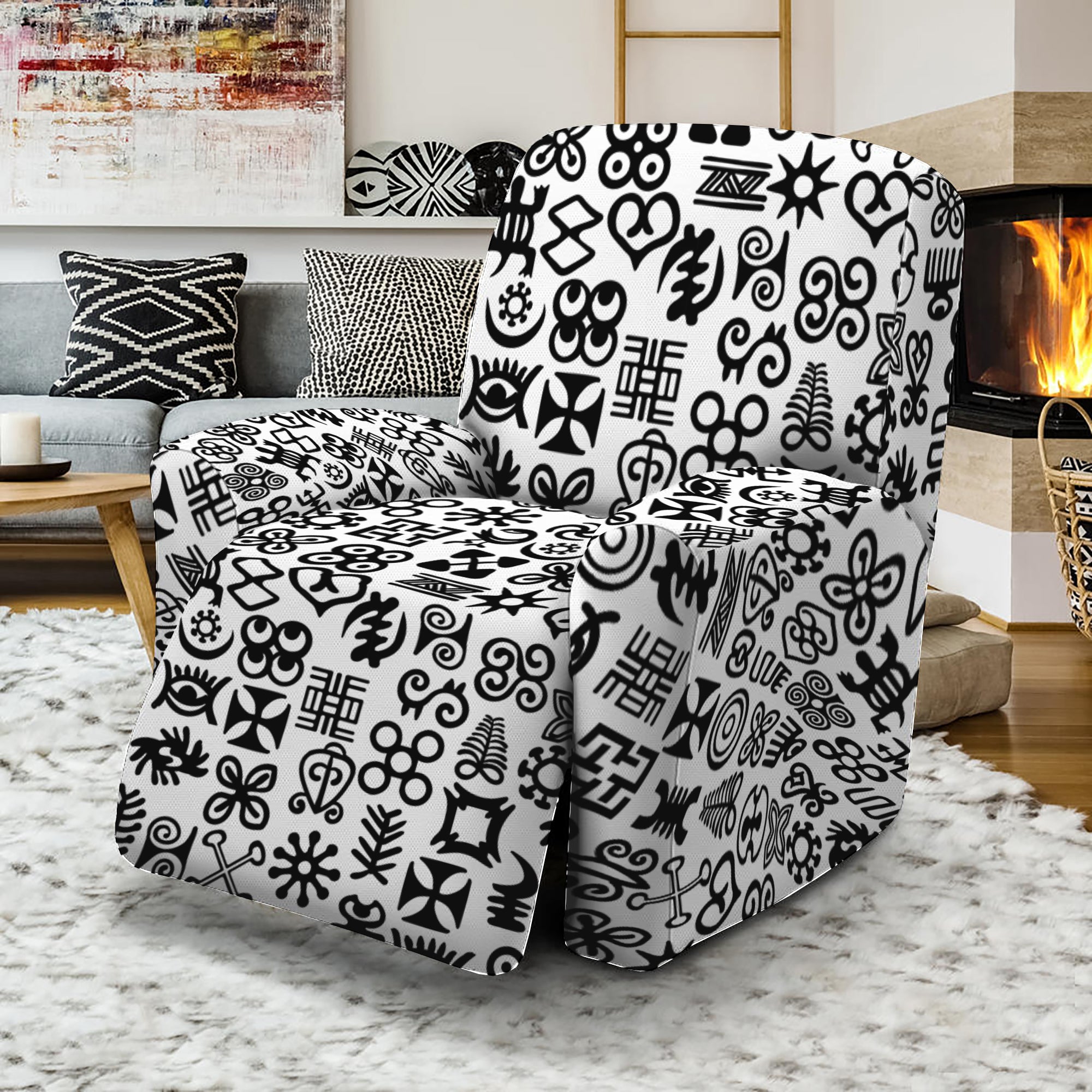 Black And White Adinkra Tribe Symbols Recliner Slipcover