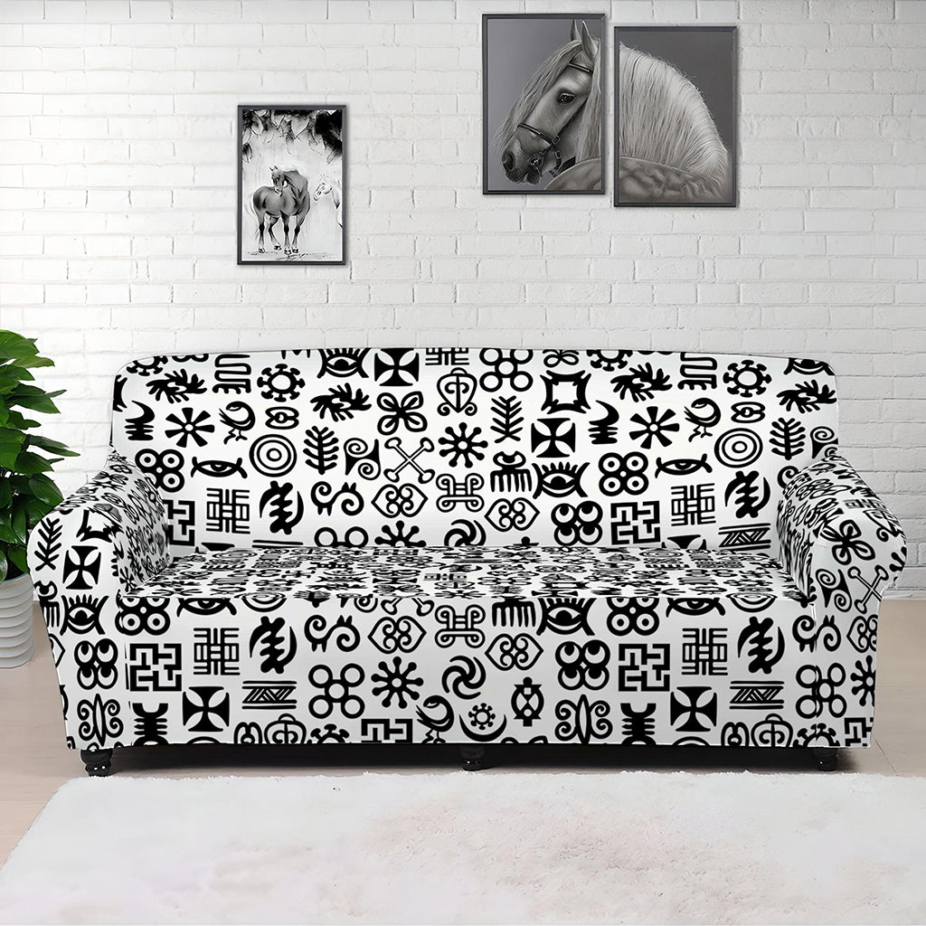 Black And White Adinkra Tribe Symbols Sofa Cover