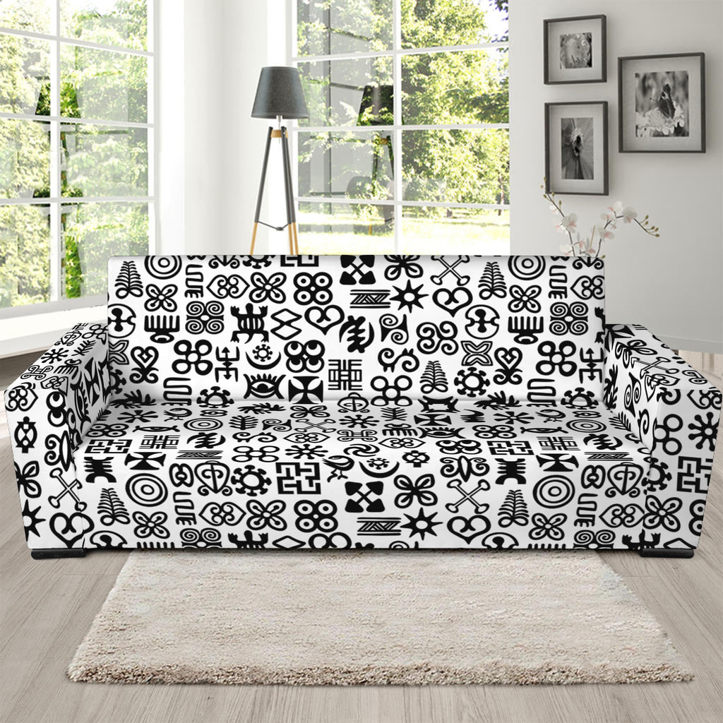 Black And White Adinkra Tribe Symbols Sofa Slipcover