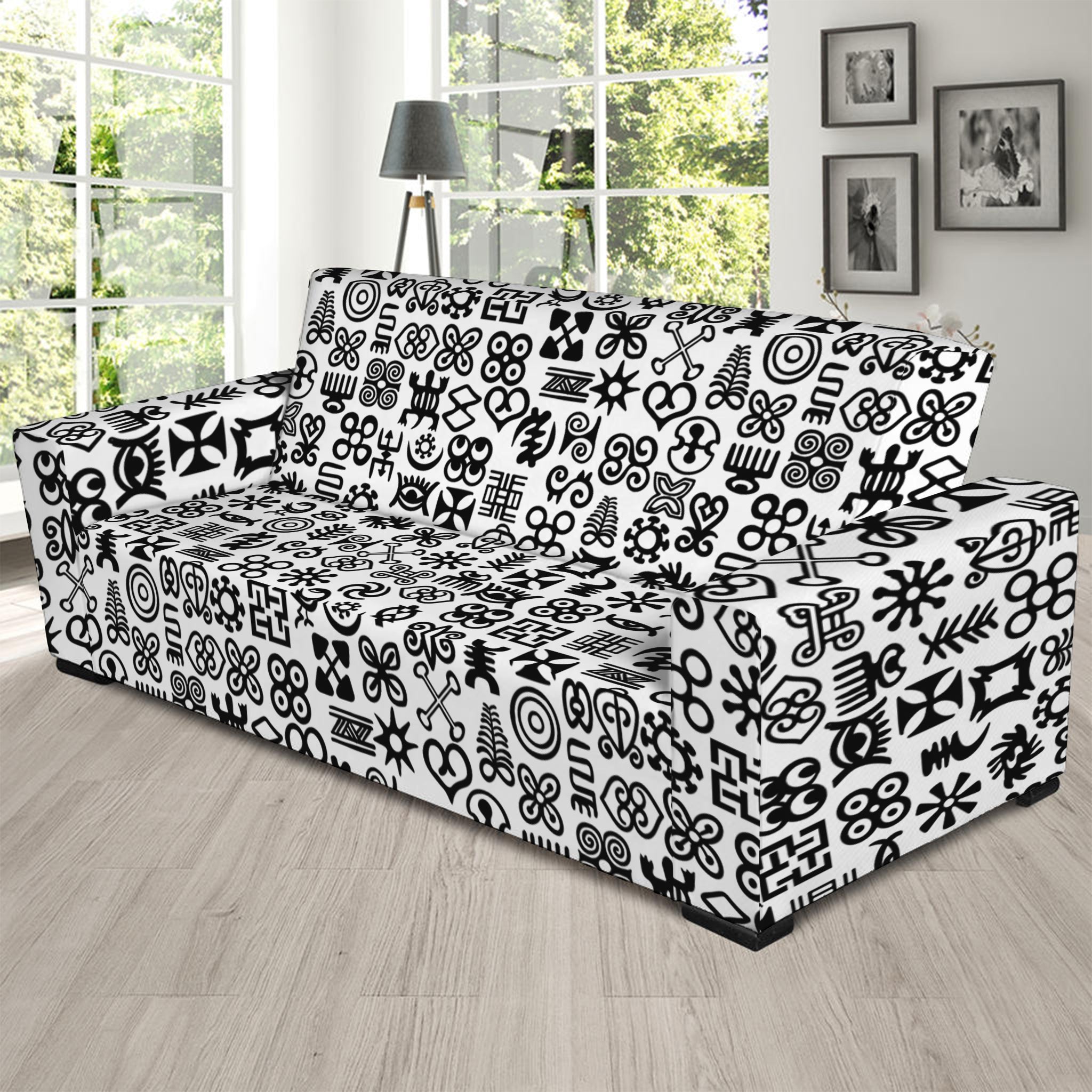 Black And White Adinkra Tribe Symbols Sofa Slipcover