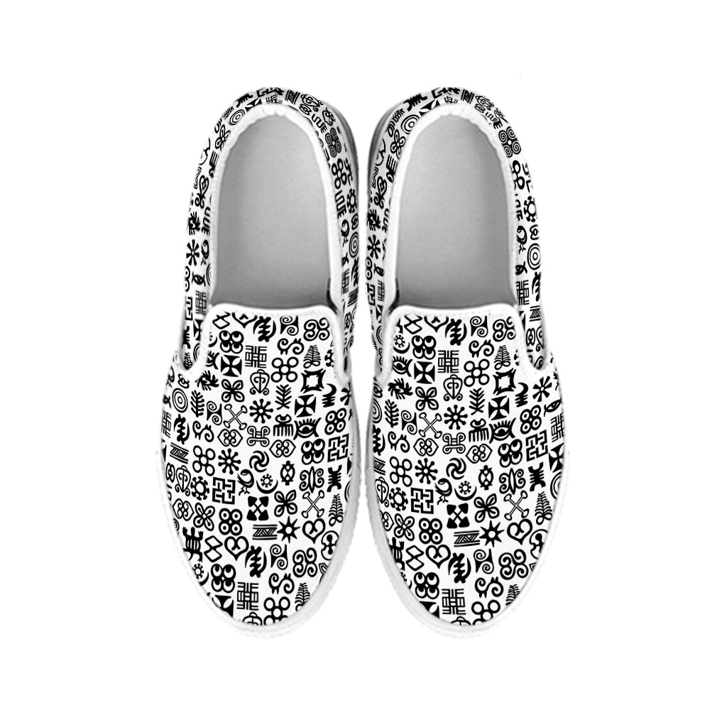 Black And White Adinkra Tribe Symbols White Slip On Shoes