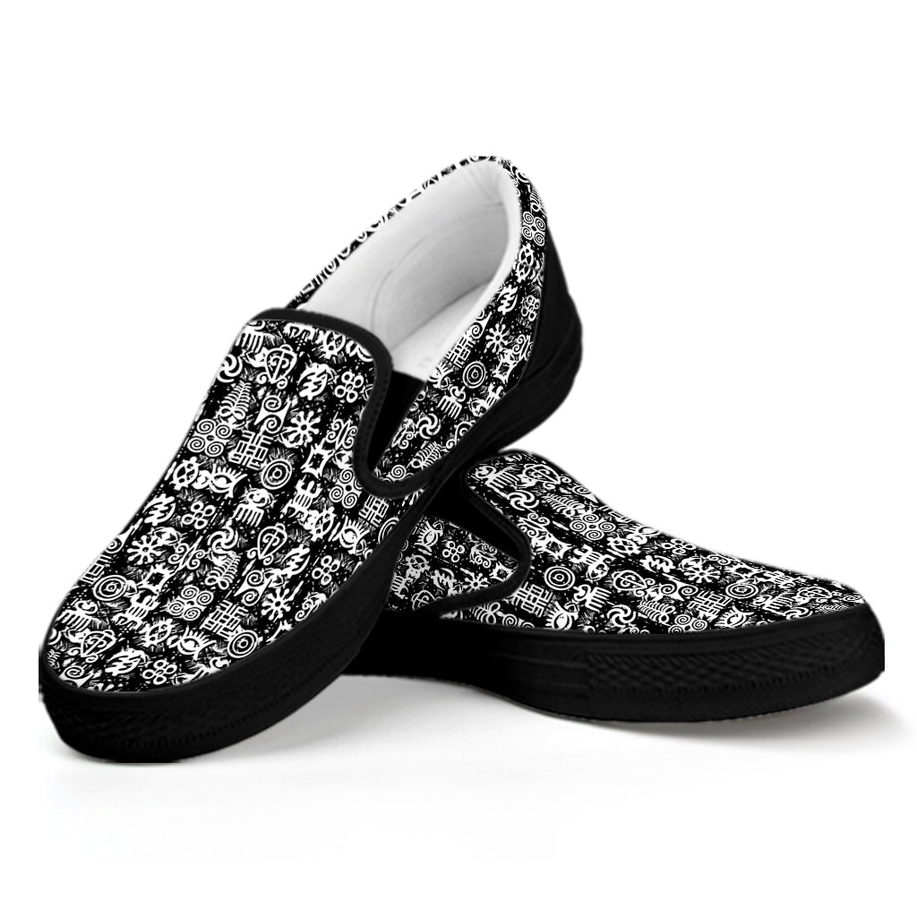 Black And White African Adinkra Symbols Black Slip On Shoes