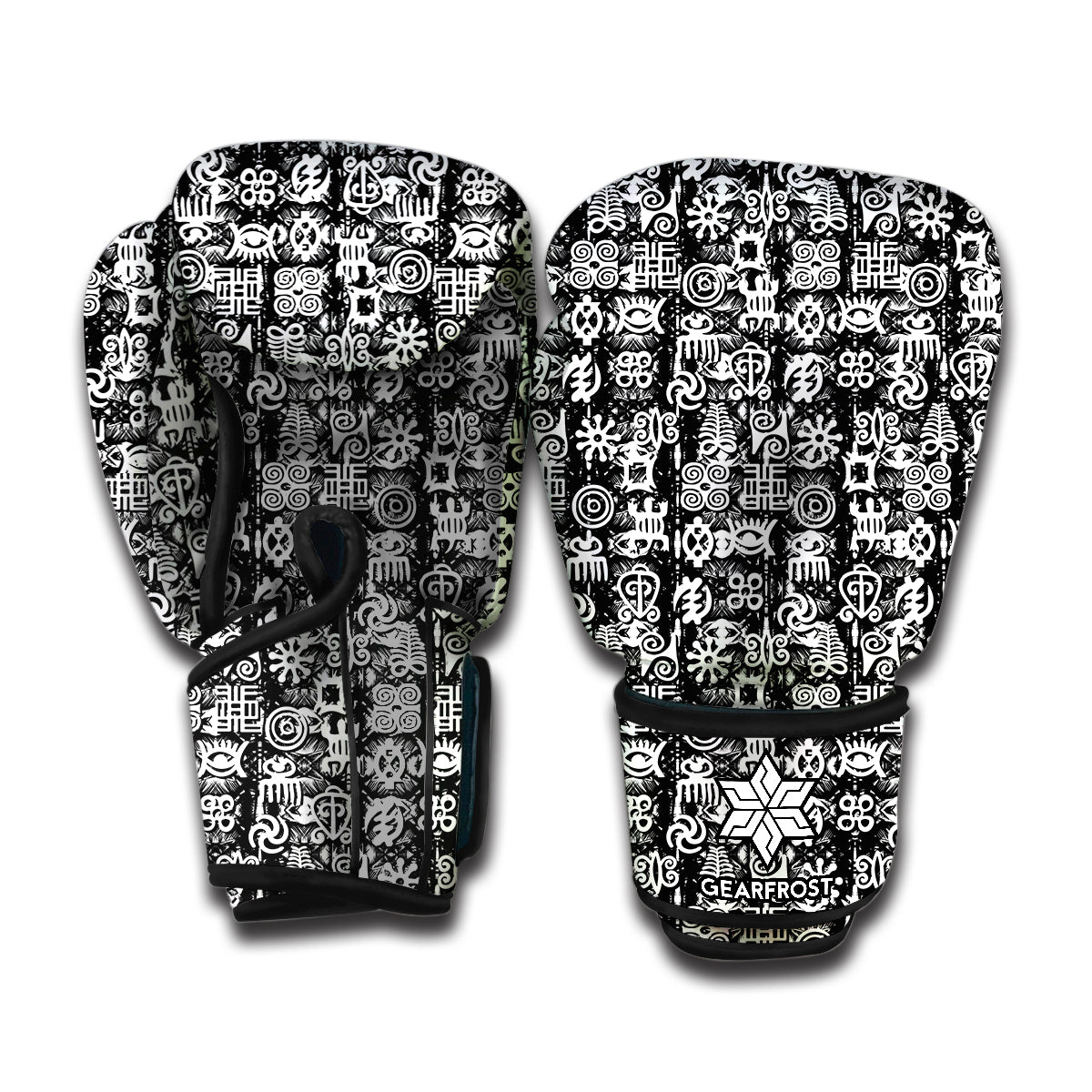 Black And White African Adinkra Symbols Boxing Gloves