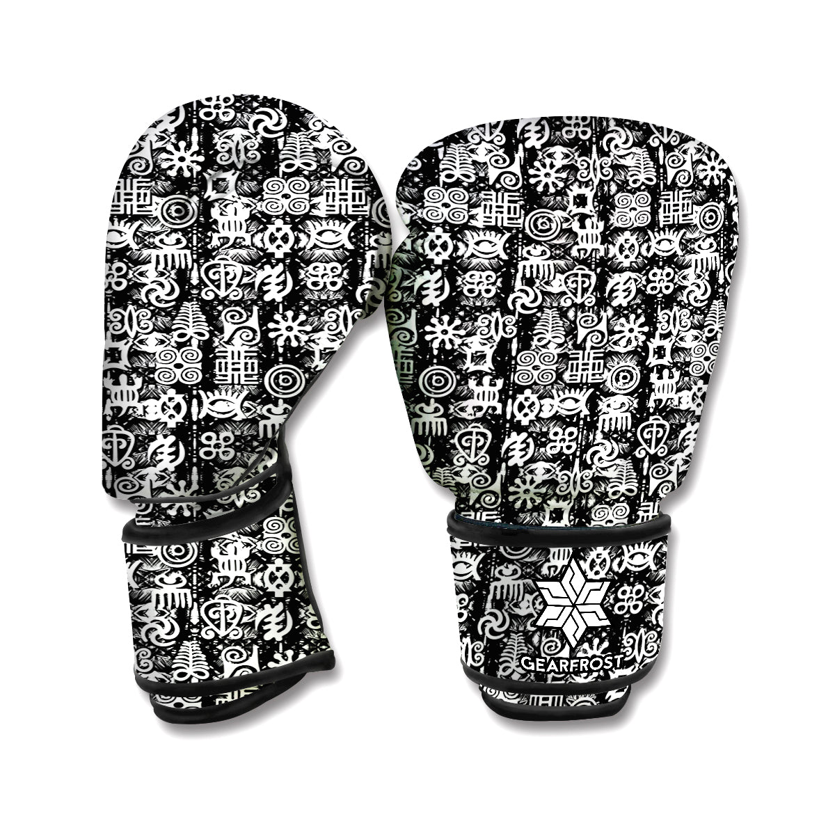 Black And White African Adinkra Symbols Boxing Gloves