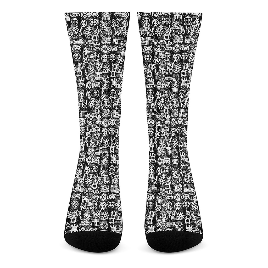 Black And White African Adinkra Symbols Crew Socks