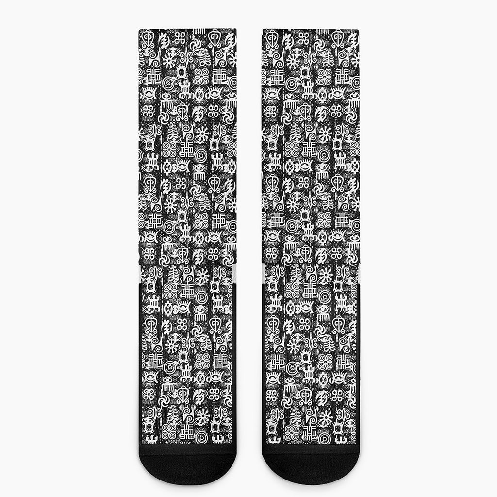 Black And White African Adinkra Symbols Crew Socks