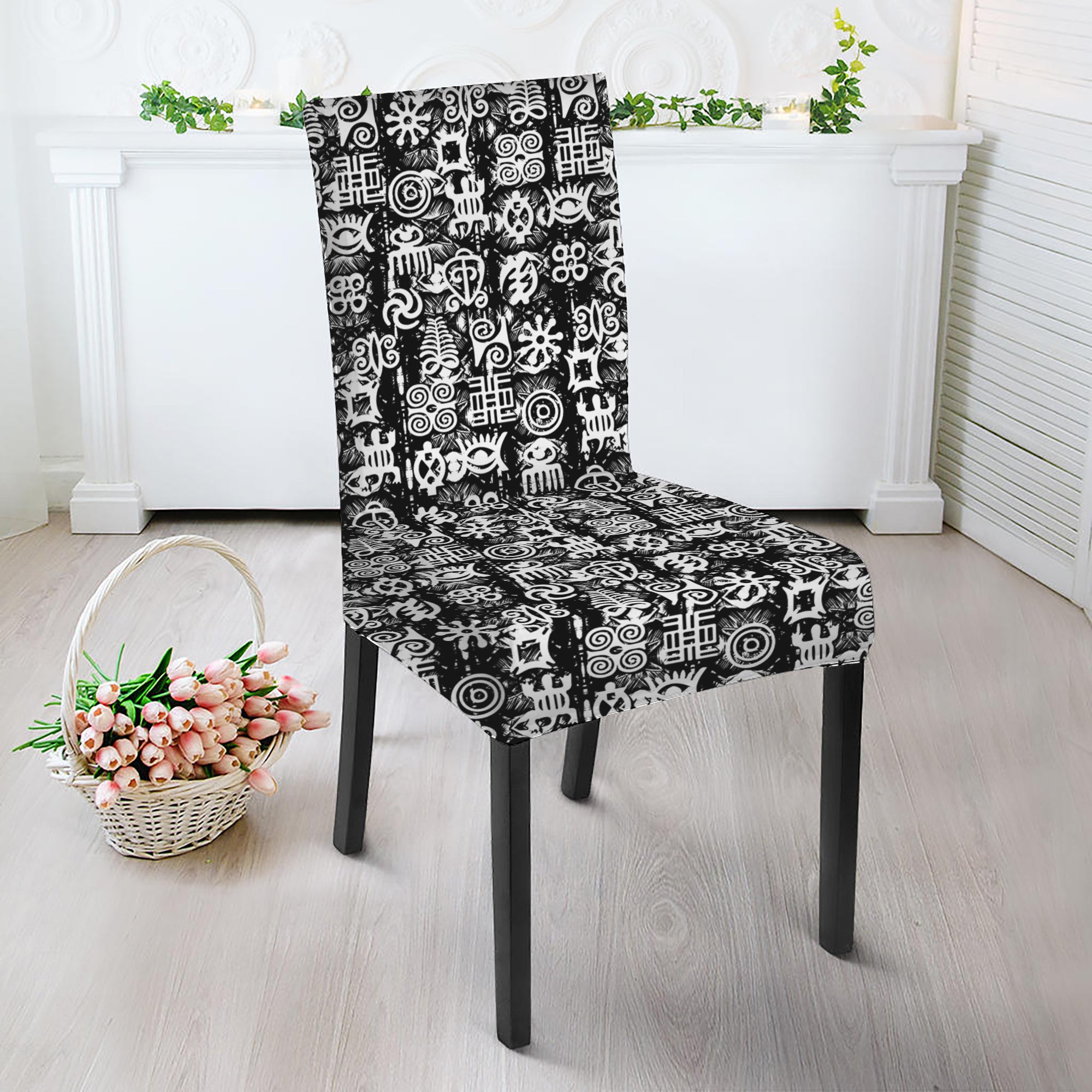 Black And White African Adinkra Symbols Dining Chair Slipcover