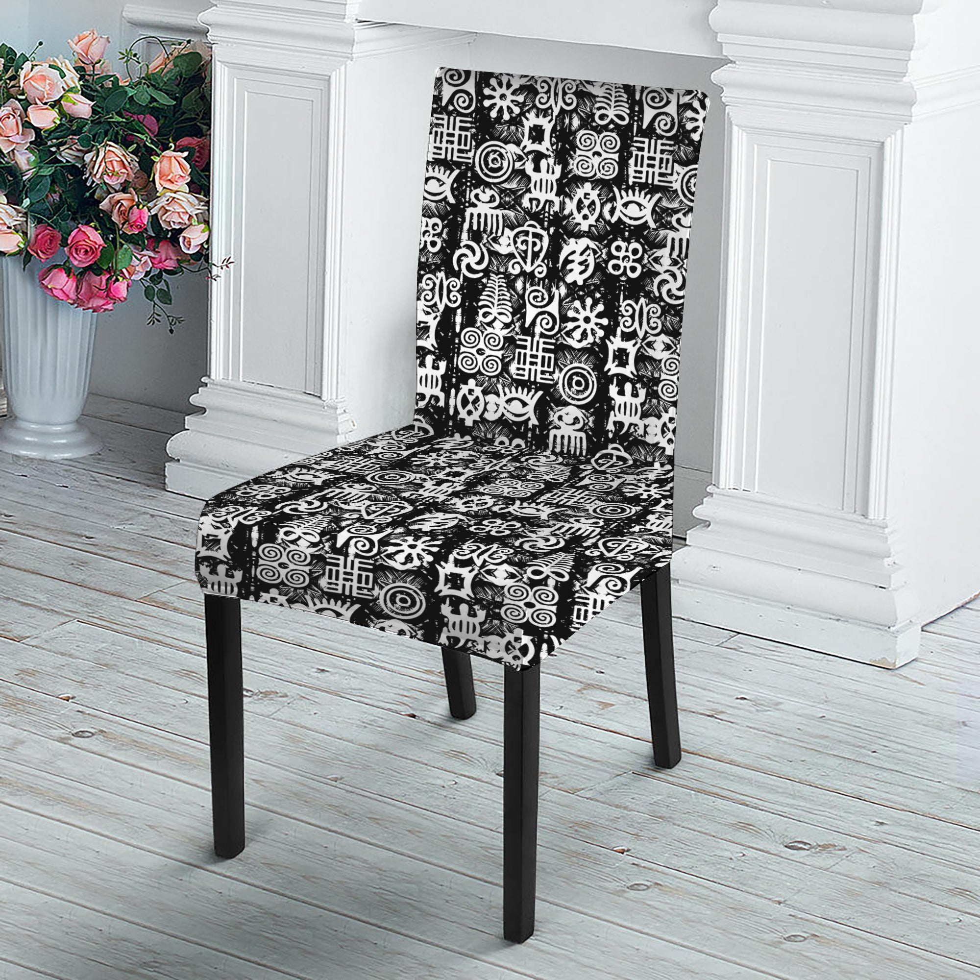 Black And White African Adinkra Symbols Dining Chair Slipcover