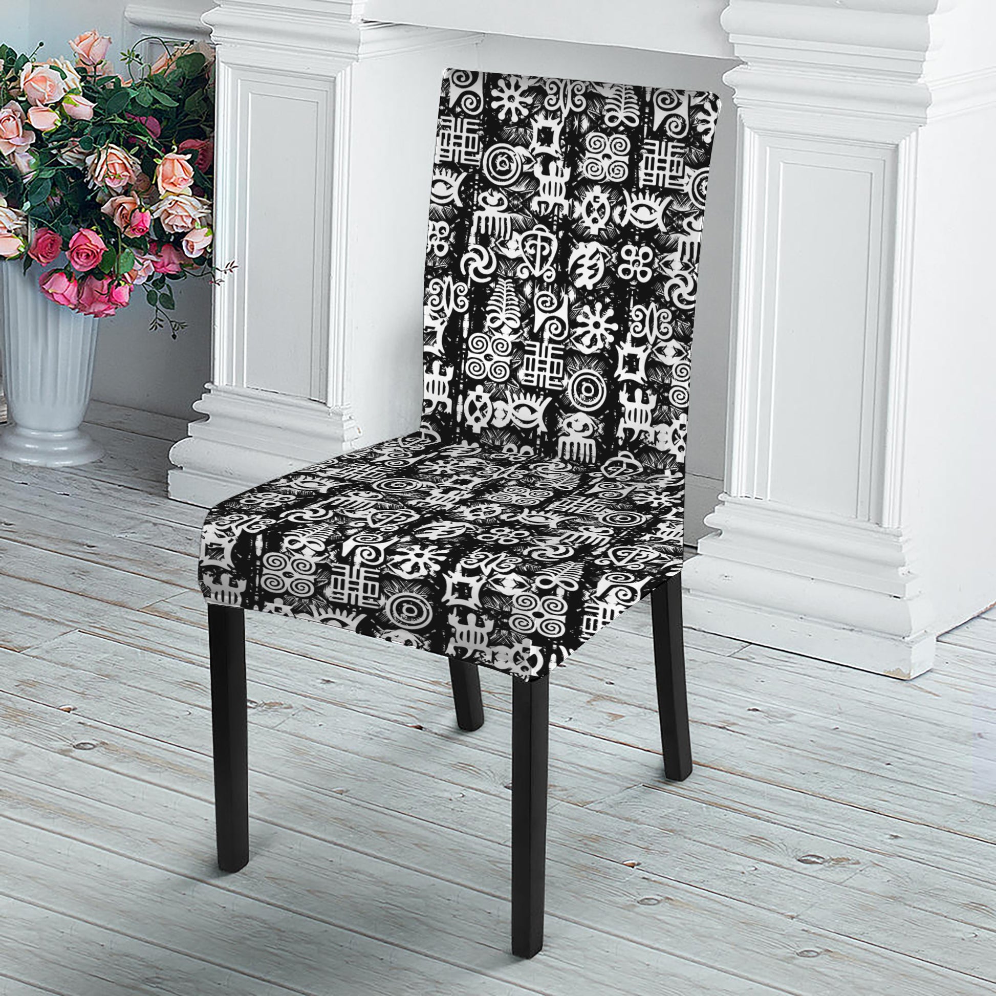 Black And White African Adinkra Symbols Dining Chair Slipcover