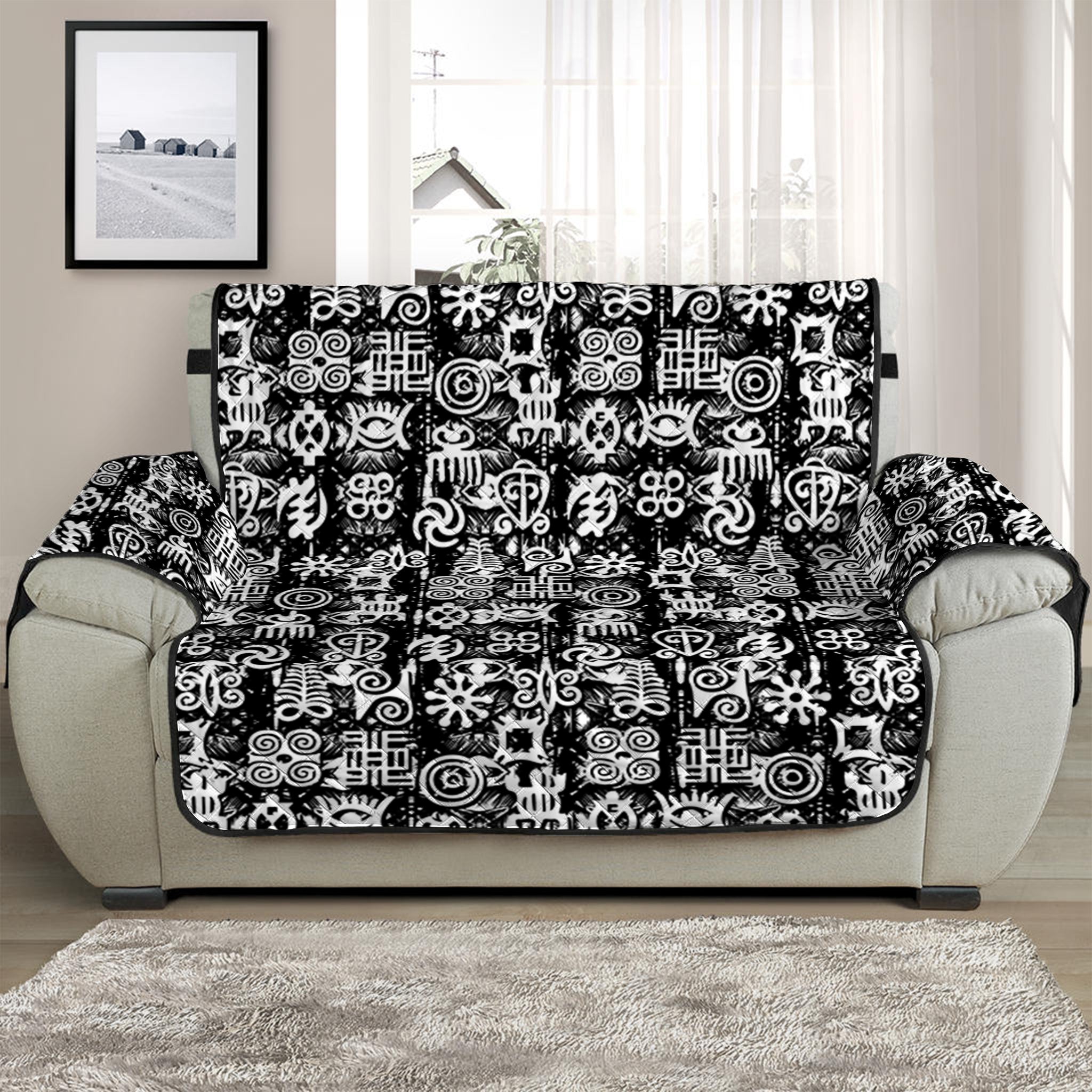 Black And White African Adinkra Symbols Half Sofa Protector