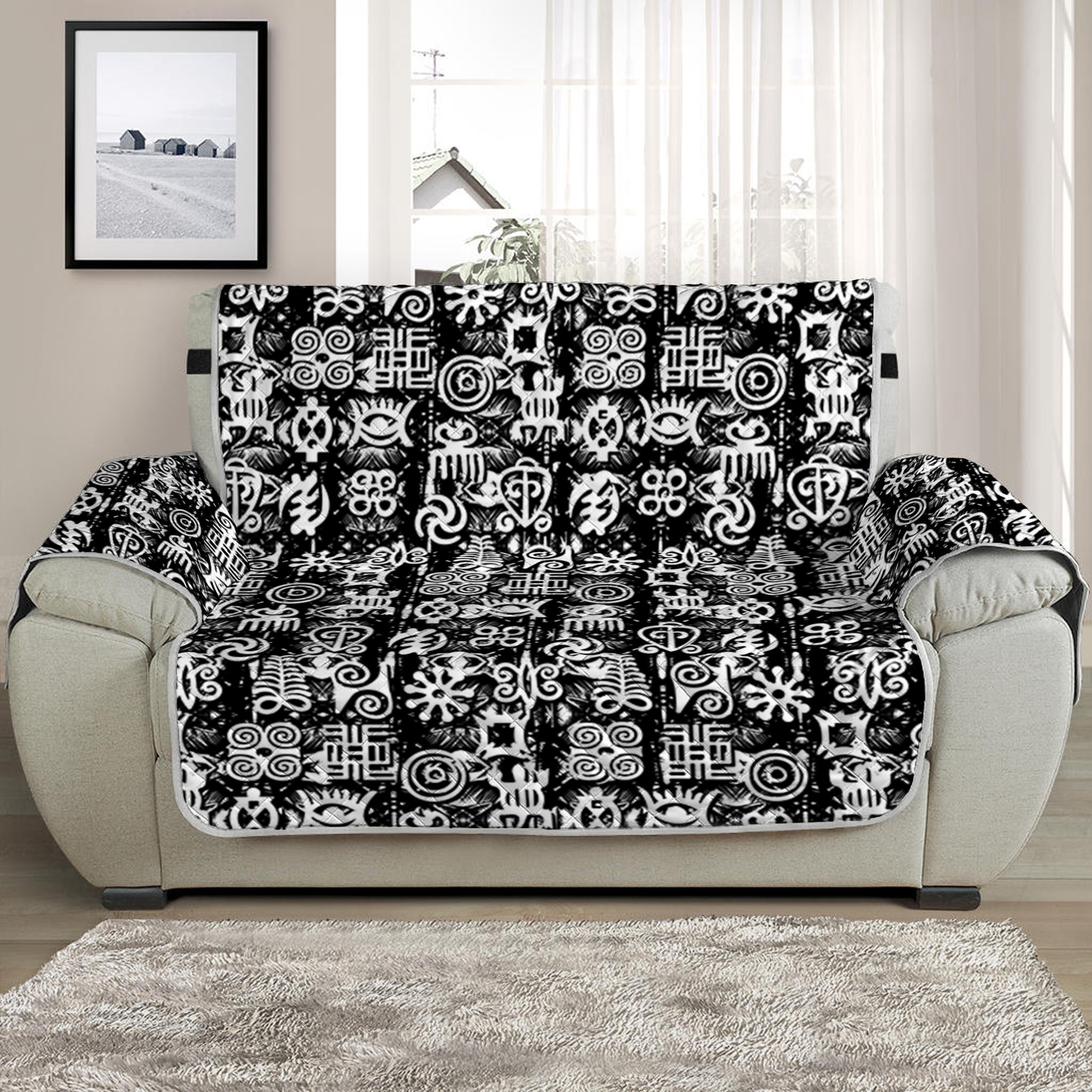 Black And White African Adinkra Symbols Half Sofa Protector