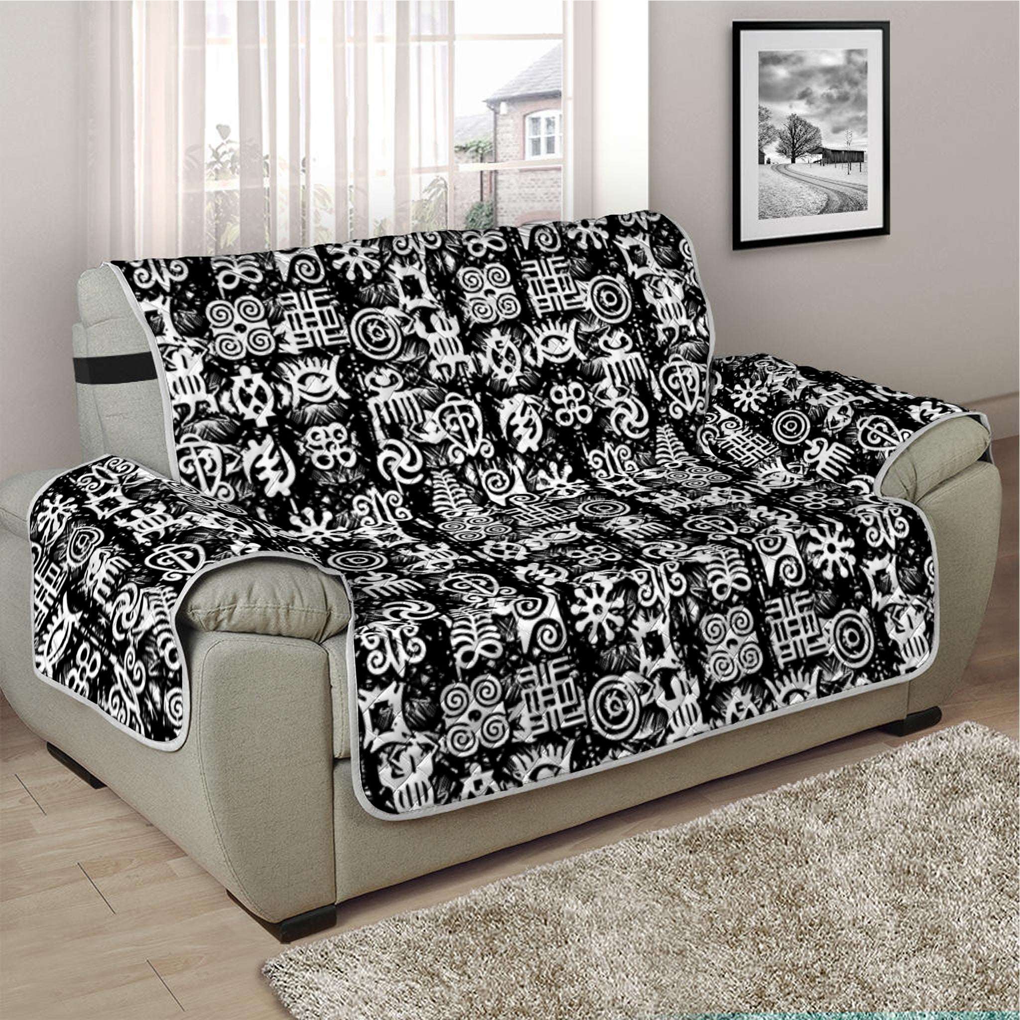 Black And White African Adinkra Symbols Half Sofa Protector