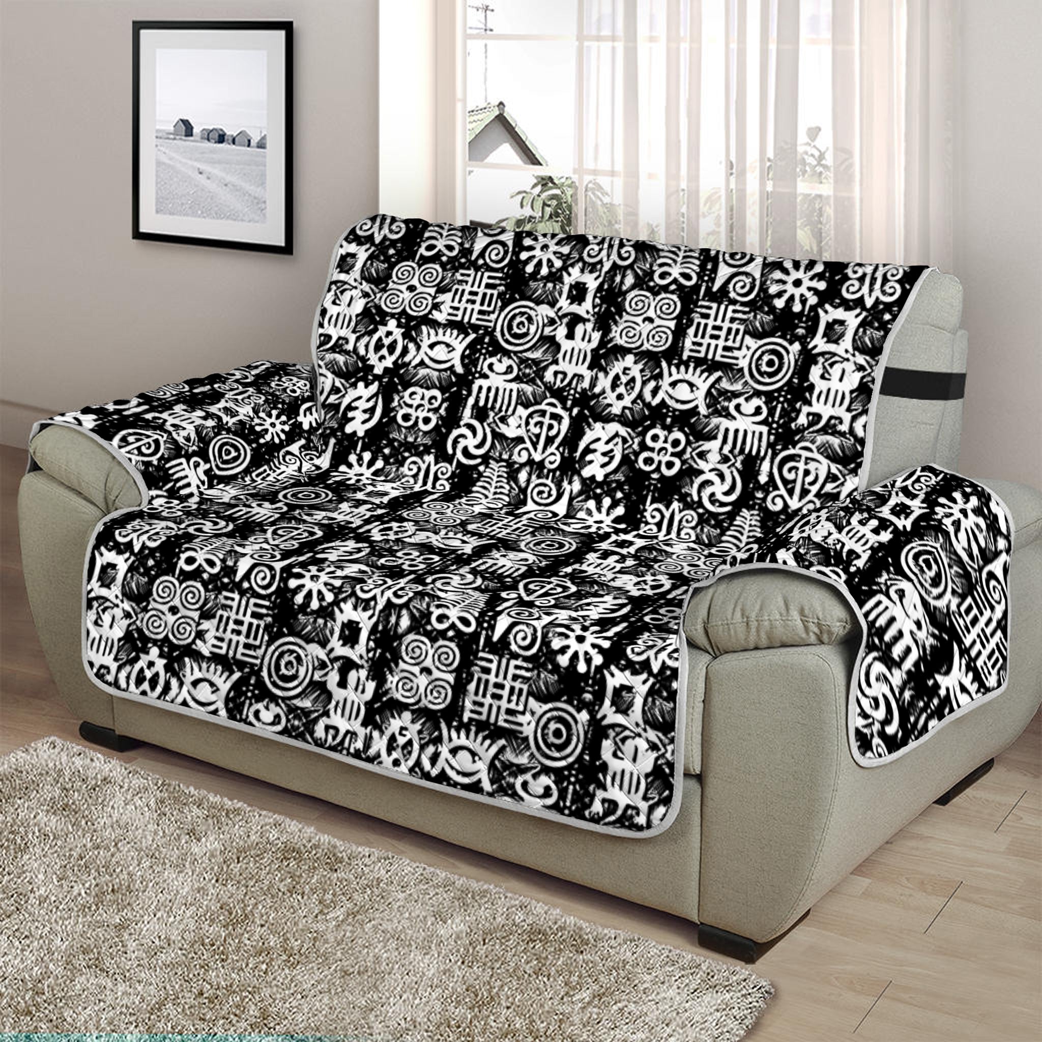 Black And White African Adinkra Symbols Half Sofa Protector