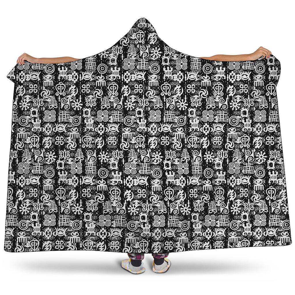 Black And White African Adinkra Symbols Hooded Blanket