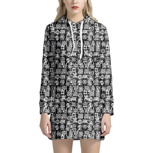 Black And White African Adinkra Symbols Hoodie Dress