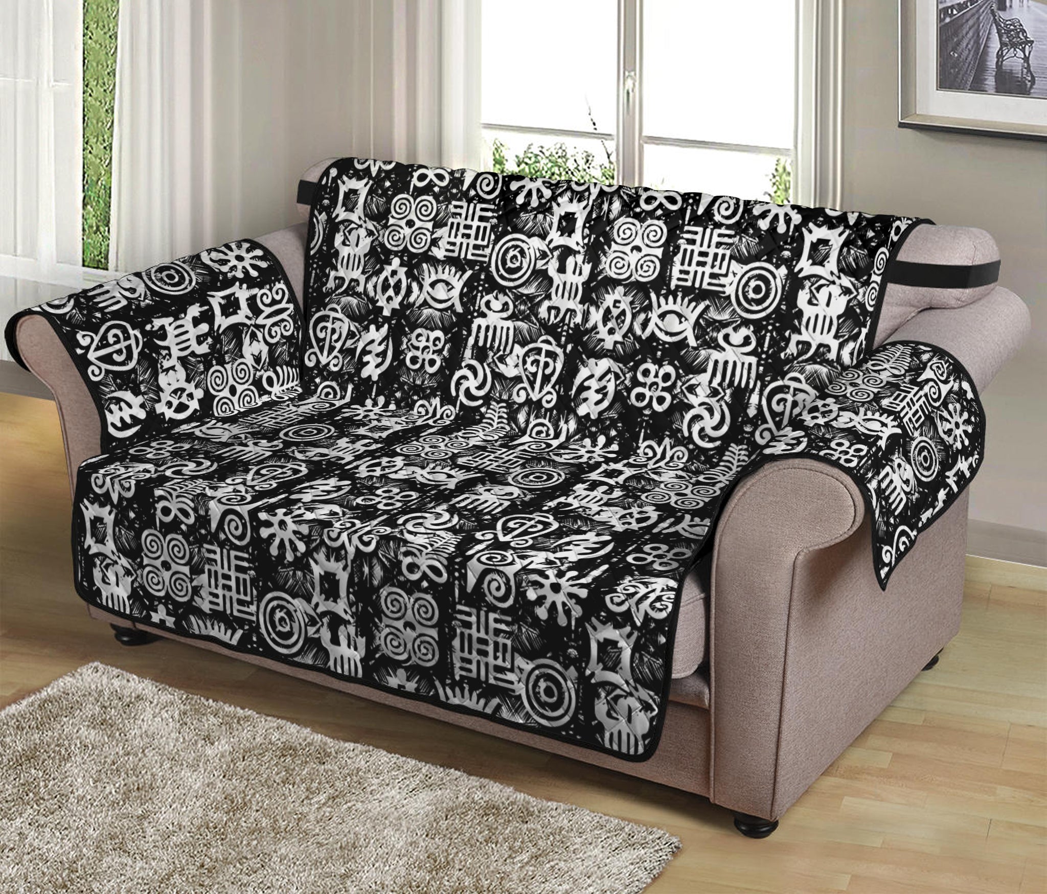 Black And White African Adinkra Symbols Loveseat Protector