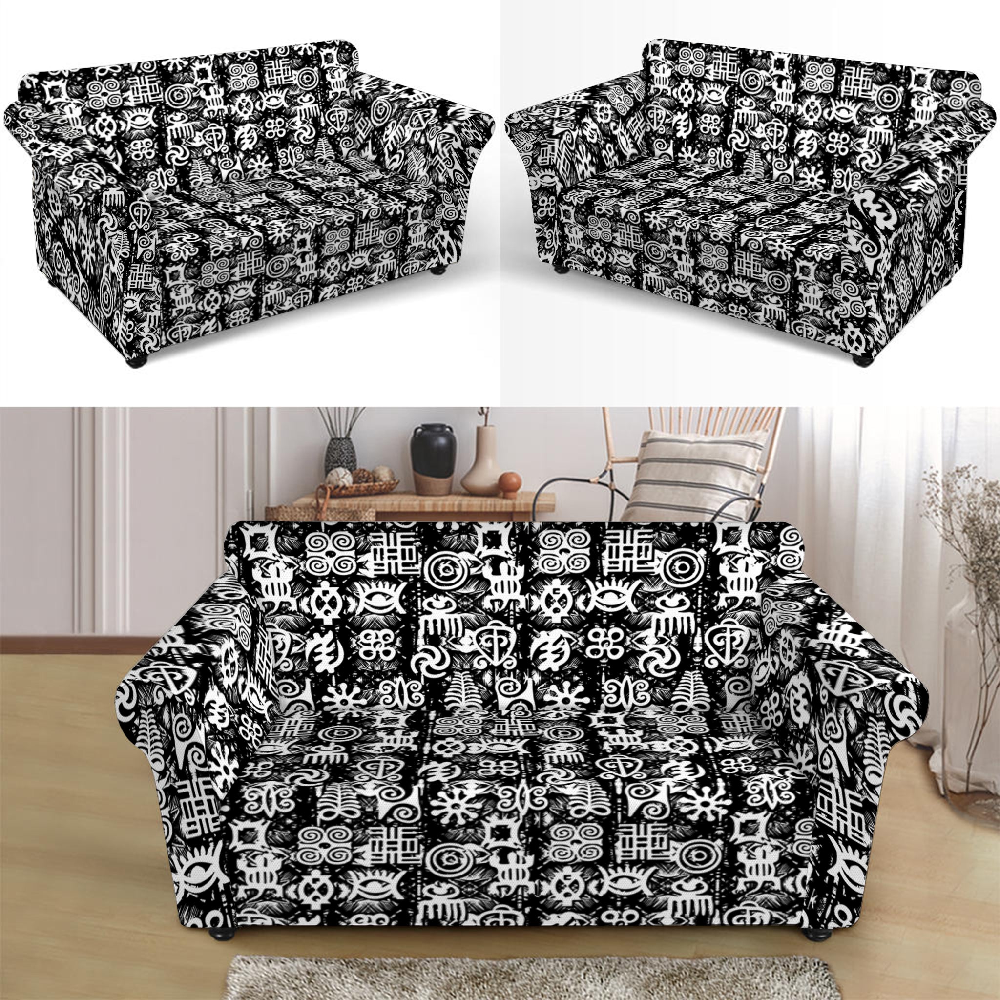 Black And White African Adinkra Symbols Loveseat Slipcover