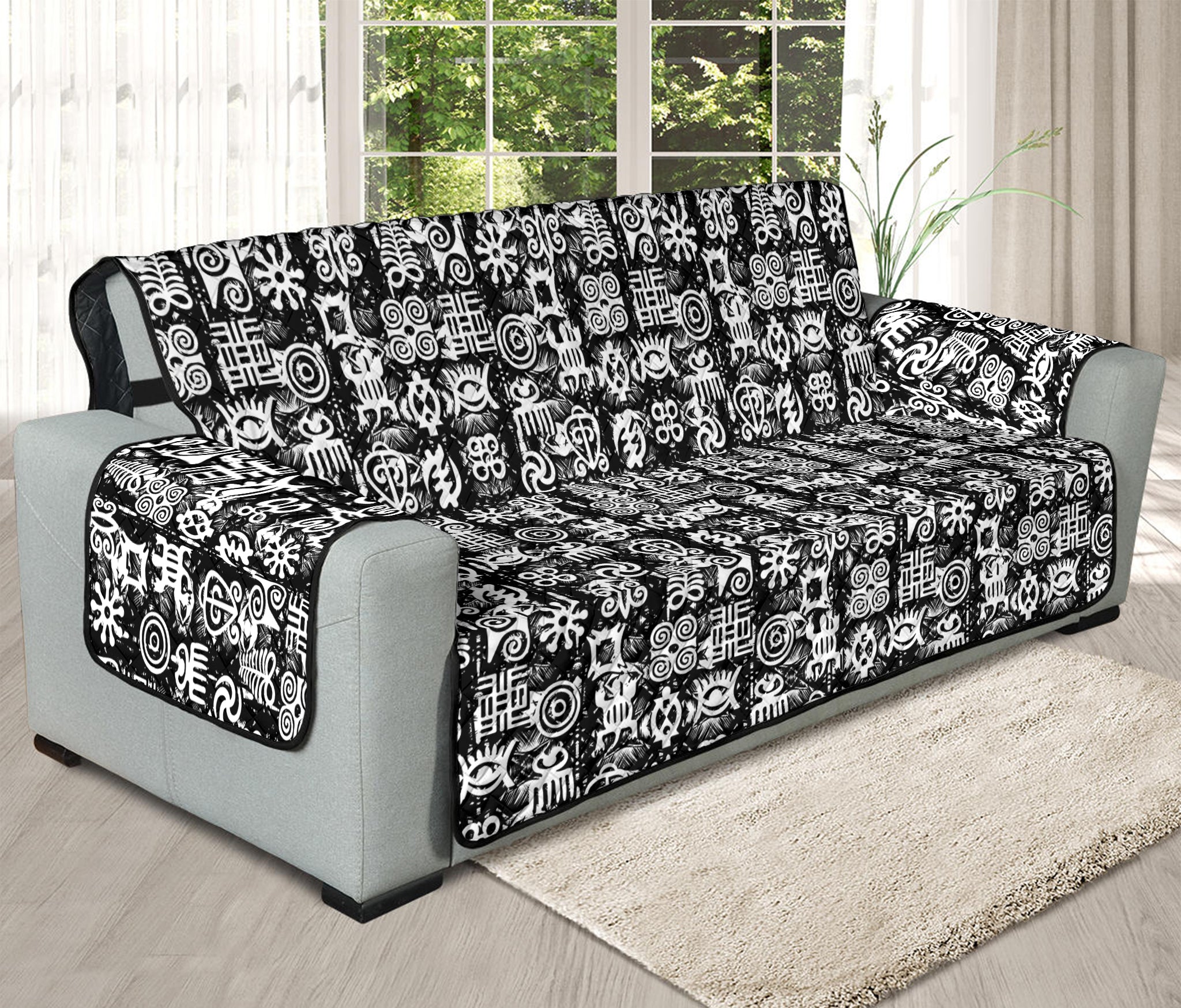 Black And White African Adinkra Symbols Oversized Sofa Protector