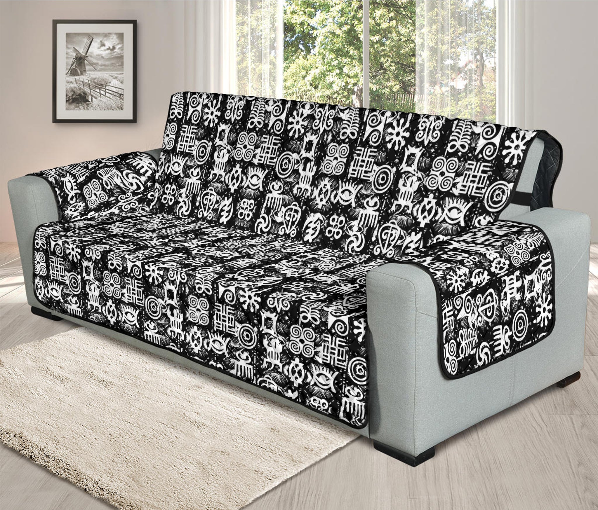 Black And White African Adinkra Symbols Oversized Sofa Protector