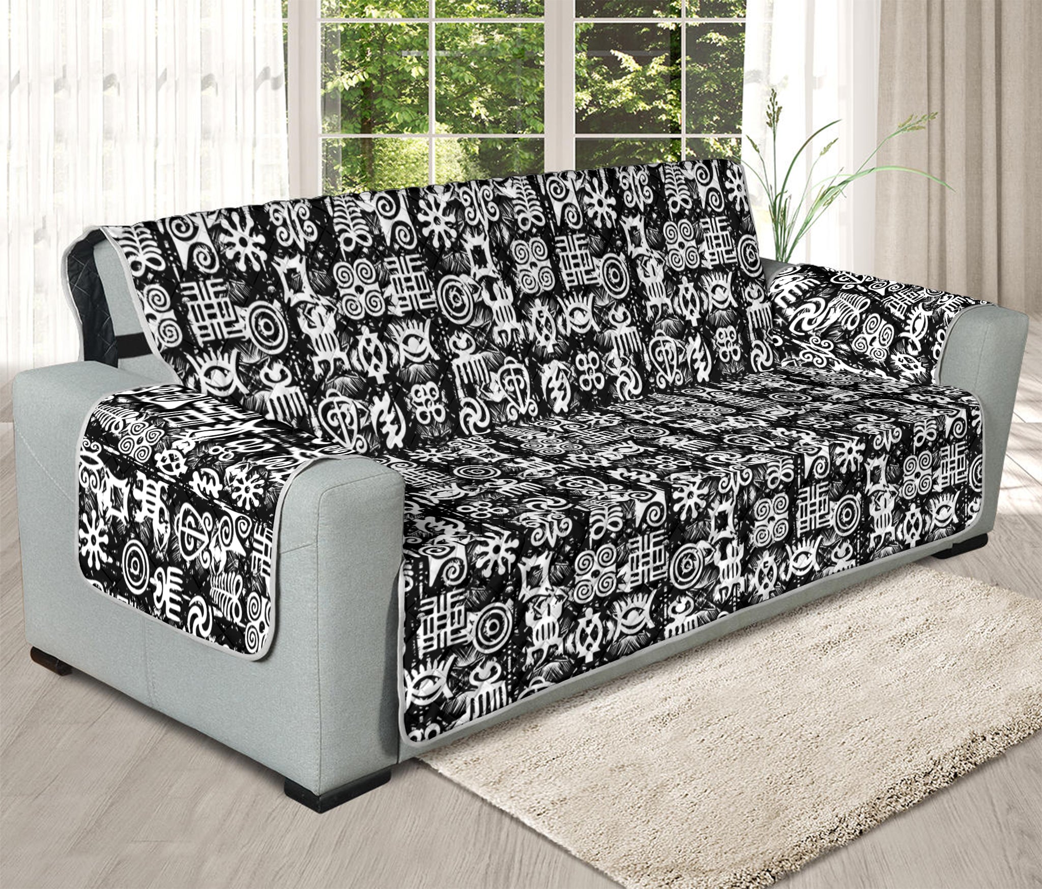 Black And White African Adinkra Symbols Oversized Sofa Protector