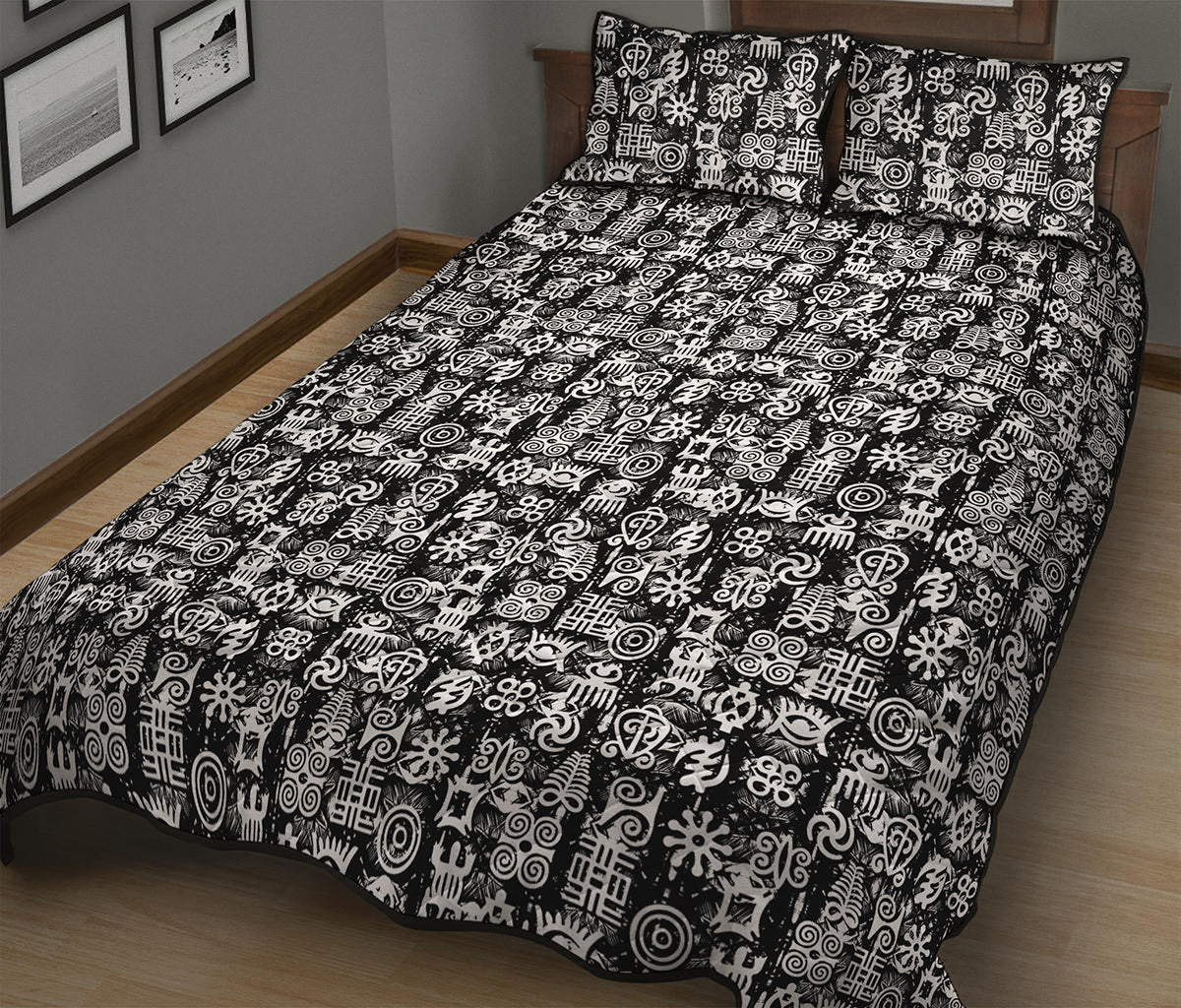 Black And White African Adinkra Symbols Quilt Bed Set